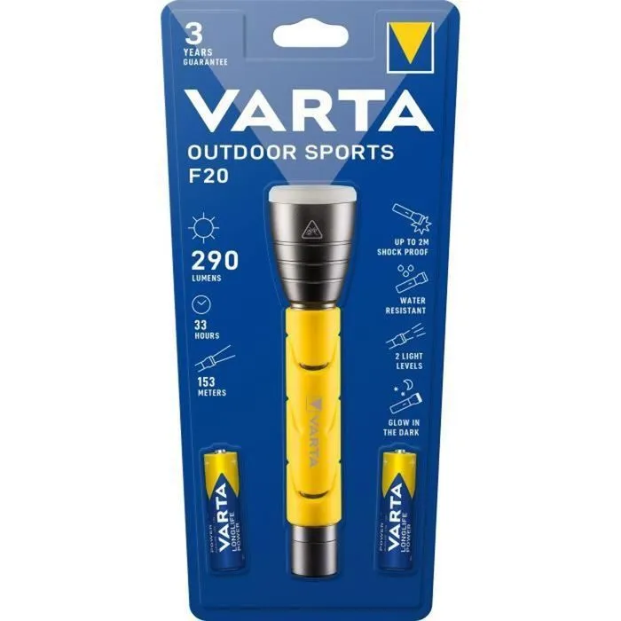 Varta Lampe Torche Outdoor Sports F20, 290lm, Étanche IPX4, Résistante aux Chocs (2m), Tête Fluorescente Varta Lampe Torche Outdoor Sports F20, 290lm, Étanche IPX4, Résistante aux Chocs (2m), Tête Fluorescente