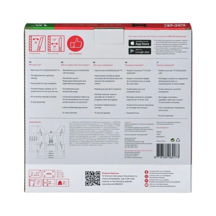 One For All WM2221 Support TV Murale Universel pour Écrans 33-109 cm (13-43"), Inclinable 15°, 50 kg max, Compatible VESA, Garantie 10 ans