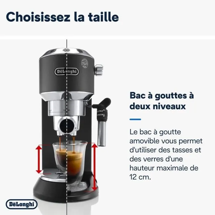 Delonghi EC685.BK Dedica Style - Machine à expresso classique noir - Café moulu et dosettes ESE - 15 bars - 1L - Système cappuccino et programmable