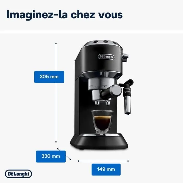 Delonghi EC685.BK Dedica Style - Machine à expresso classique noir - Café moulu et dosettes ESE - 15 bars - 1L - Système cappuccino et programmable