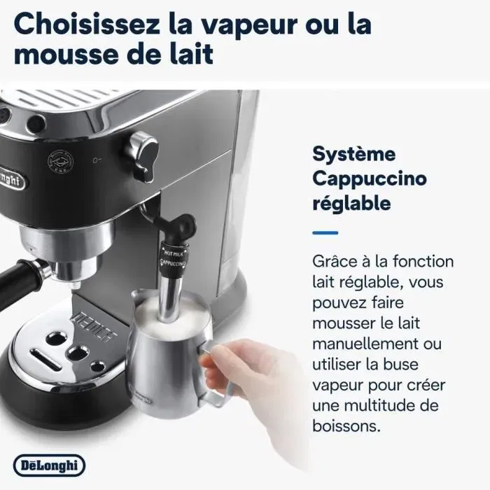 Delonghi EC685.BK Dedica Style - Machine à expresso classique noir - Café moulu et dosettes ESE - 15 bars - 1L - Système cappuccino et programmable