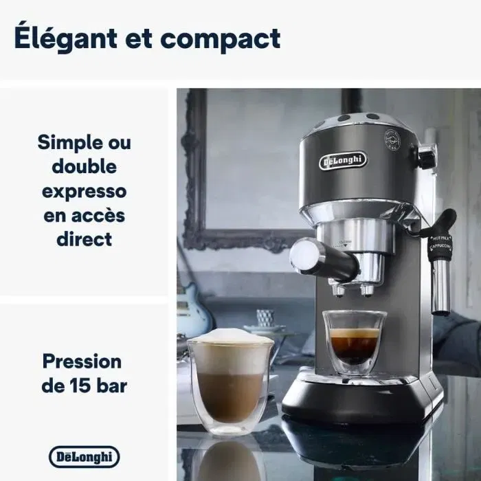 Delonghi EC685.BK Dedica Style - Machine à expresso classique noir - Café moulu et dosettes ESE - 15 bars - 1L - Système cappuccino et programmable