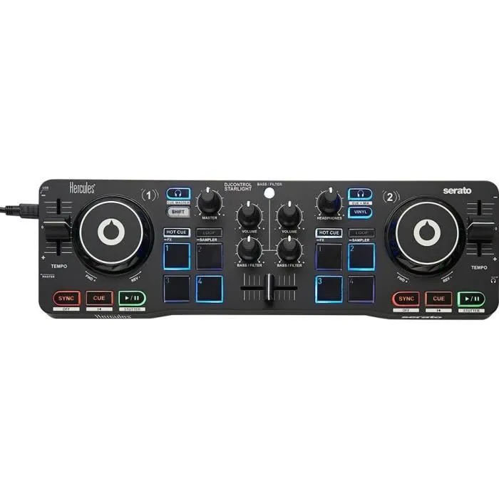 Hercules 4780884 Console DJ USB Control Starlight - 2 pistes, 8 pads, carte son intégrée - Logiciel Serato DJ Lite inclus