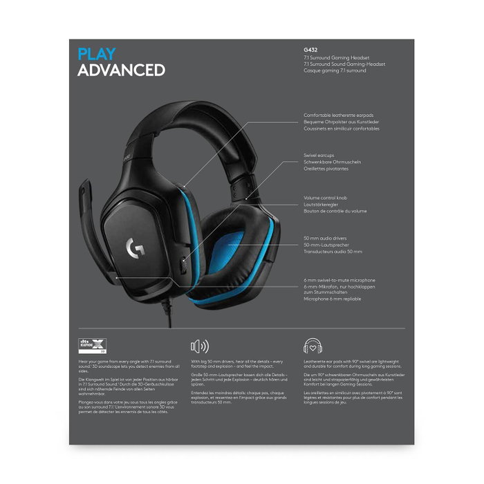 Logitech G432 Casque Gaming Noir/Bleu
