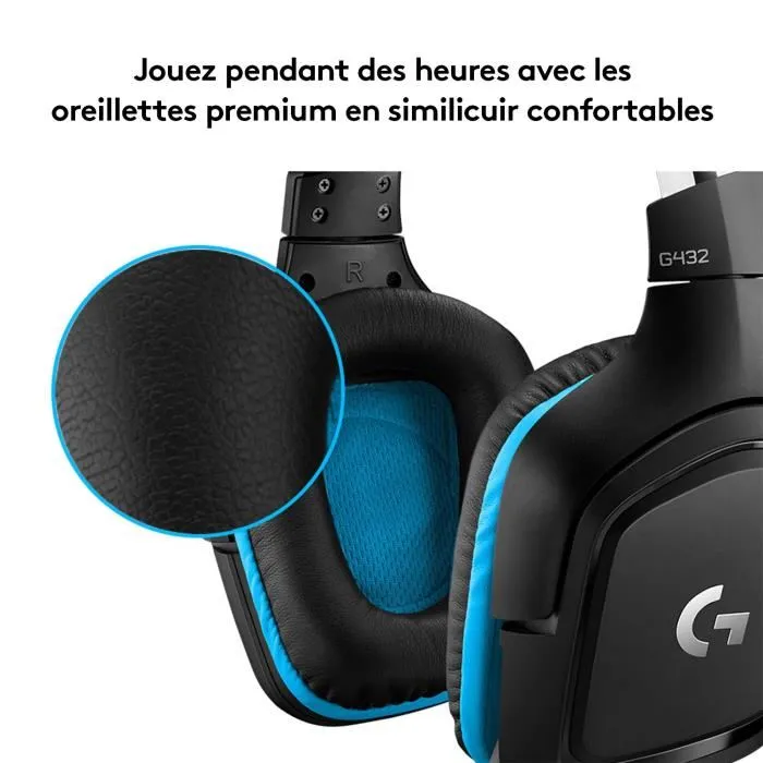 Logitech 981-000770 Casque Gaming G432 avec son surround 7.1 et micro, USB et 3.5 mm, noir et cyan