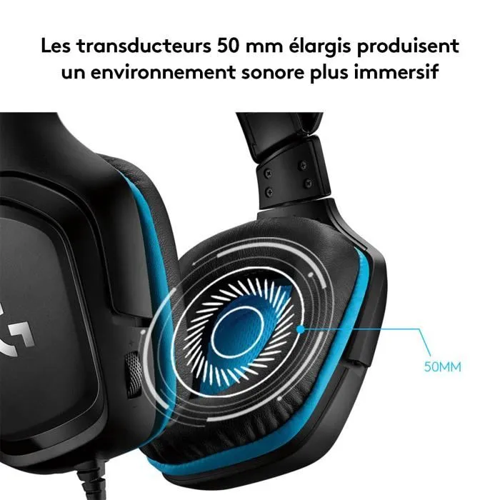 Logitech 981-000770 Casque Gaming G432 avec son surround 7.1 et micro, USB et 3.5 mm, noir et cyan