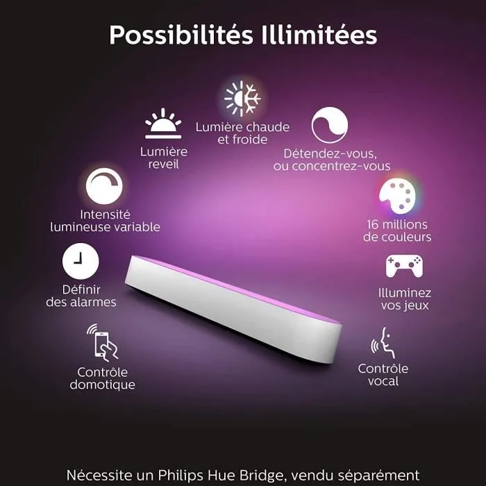 Philips Hue Hue Play - Barre d'éclairage LED connectée Bluetooth, éclairage d'ambiance avec 16 millions de couleurs et blancs chauds à froids, Blanc Philips Hue Hue Play - Barre d'éclairage LED connectée Bluetooth, éclairage d'ambiance avec 16 millions de couleurs et blancs chauds à froids, Blanc