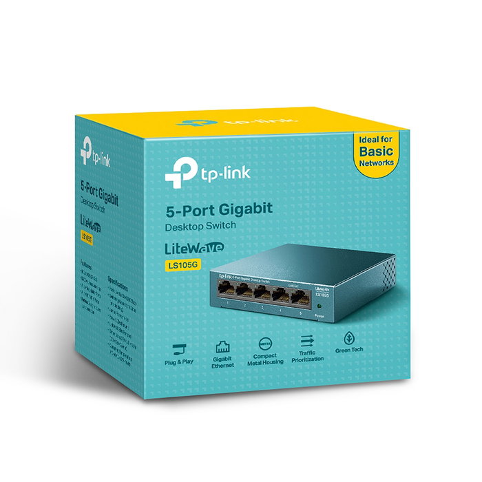 TP-Link Switch 5 Ports Gigabit 10/100/1000 Mbps, Métal, Plug and Play, QoS, Green Ethernet, Bureau/Mural