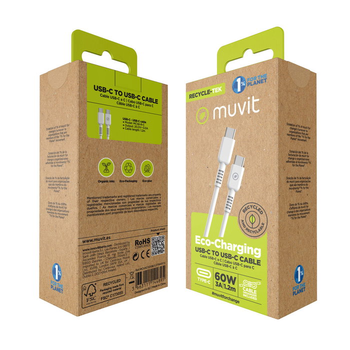 Câble USB-C Muvit MCUSC0008 Blanc Noir 1,2 m