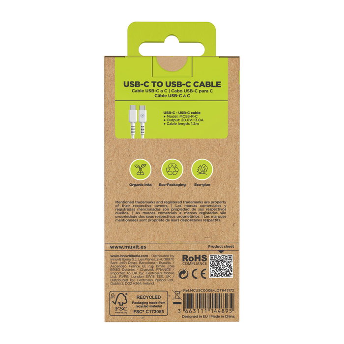 Câble USB-C Muvit MCUSC0008 Blanc Noir 1,2 m