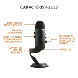 Logitech G Yeti - Microphone USB de studio - Sans fil, Noir - 4 diagrammes directionnels, technologie Blue VO!CE, compatible PC/Mac - Idéal streaming, podcast, jeu