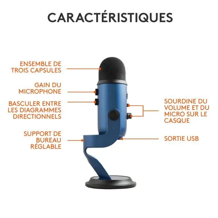 Logitech G Microphone USB sans fil Yeti bleu, avec effets vocaux Blue VO!CE pour podcast, streaming et musique, compatible PC et Mac