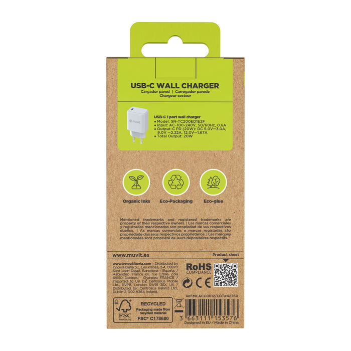 Chargeur mural Muvit MCACC0012 20 W Blanc Noir