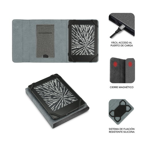 Subblim Clever Funda Ebook Stand Case Universelle pour eReader 6 Pouces avec Support de Table, Gris