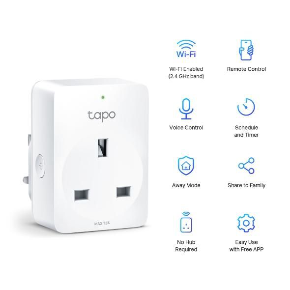 TP-Link P100 - Prise connectée intelligente mini Wi-Fi et Bluetooth, contrôle par Alexa/Assistant Google, mode absence, pour Android/iOS, 13A 220-240V