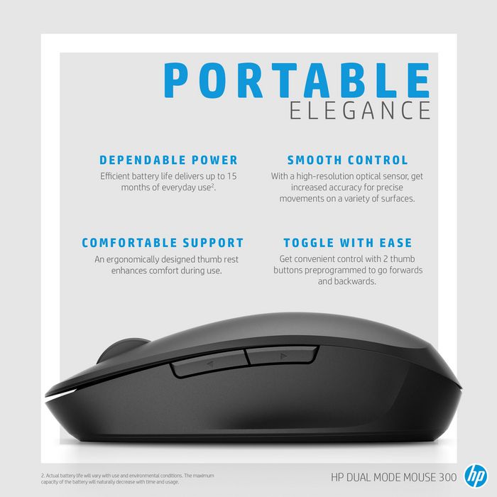 HP Souris sans fil Double Mode 300 Noire - Bluetooth et 2.4 GHz, Commutation facile entre deux ordinateurs