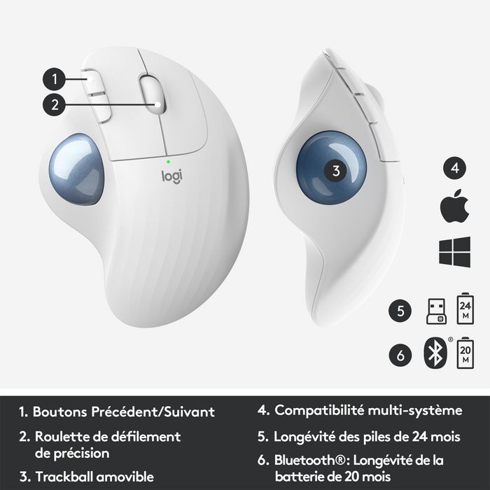 Logitech ERGO M575 - Trackball sans fil ergonomique - Bluetooth et USB - 5 boutons et molette - Contrôle au pouce - 400-2000 DPI