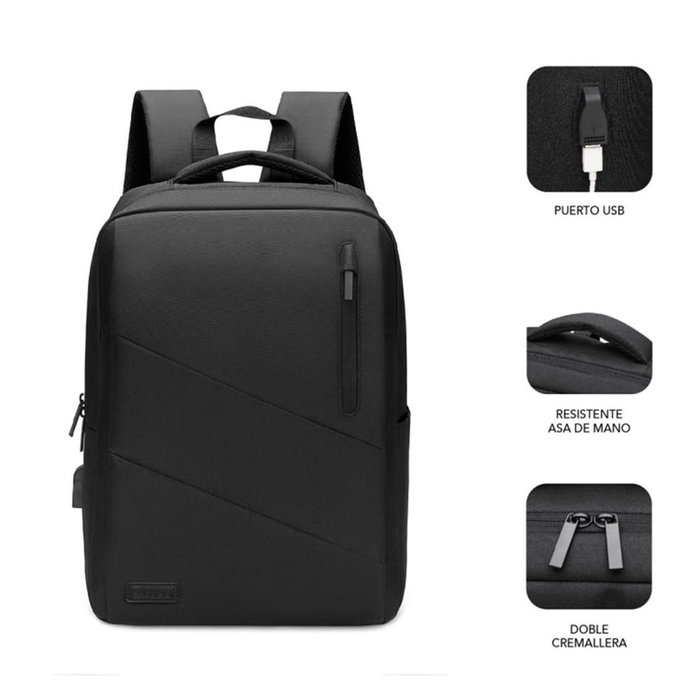 Subblim City Backpack Mochila Pour Ordinateur Portable 15.6" avec Port USB, Noir
