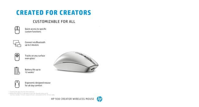 HP Souris sans fil Creator 930 Silver - Ergonomique pour la création, avec boutons personnalisables, molette, silencieuse, USB-C rechargeable, capteur Track-on-glass