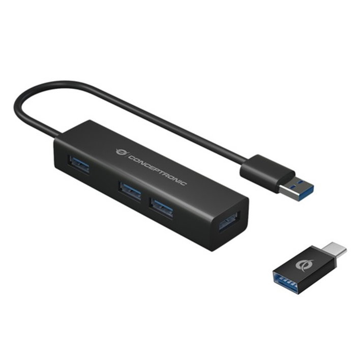 Conceptronic Hubbies06B Hub USB 3.0 4 ports Aluminium avec Adaptateur USB-C Noir Conceptronic Hubbies06B Hub USB 3.0 4 ports Aluminium avec Adaptateur USB-C Noir