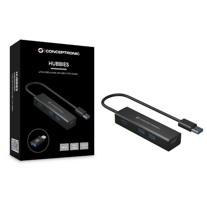 Conceptronic Hubbies06B Hub USB 3.0 4 ports Aluminium avec Adaptateur USB-C Noir Conceptronic Hubbies06B Hub USB 3.0 4 ports Aluminium avec Adaptateur USB-C Noir