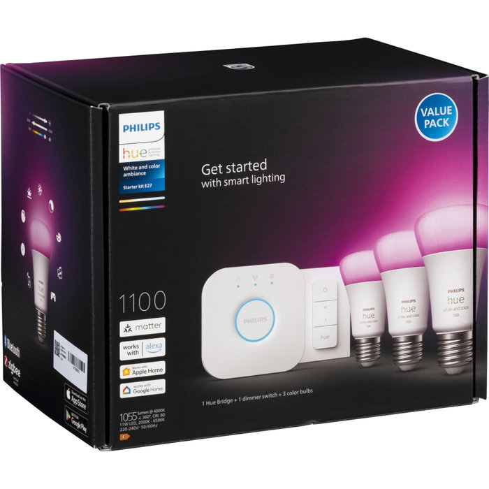 Philips Hue Kit de démarrage White & Color Ambiance avec 3 ampoules E27 et télécommande