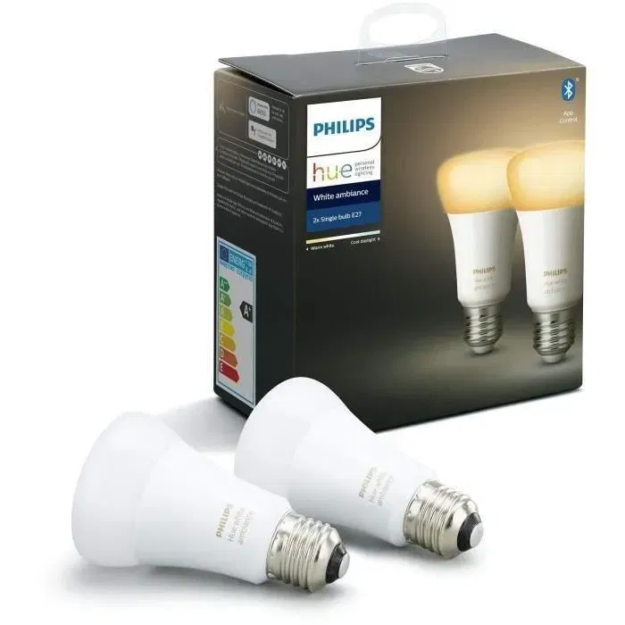 Philips Hue White Ambiance E27 - Ampoule LED connectée Bluetooth - Équivalent 75W / 1100 lumen - Compatible Alexa, Google Assistant, Apple HomeKit - Pack de 2