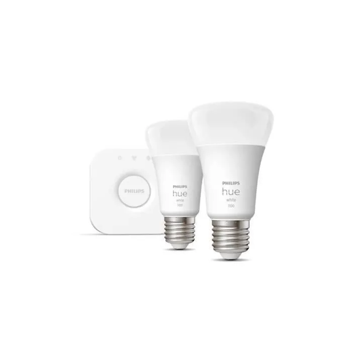 Philips Hue Kit de Démarrage ampoules LED connectées White, 2 ampoules E27 9.5W + Pont Bridge, pour éclairage intelligent