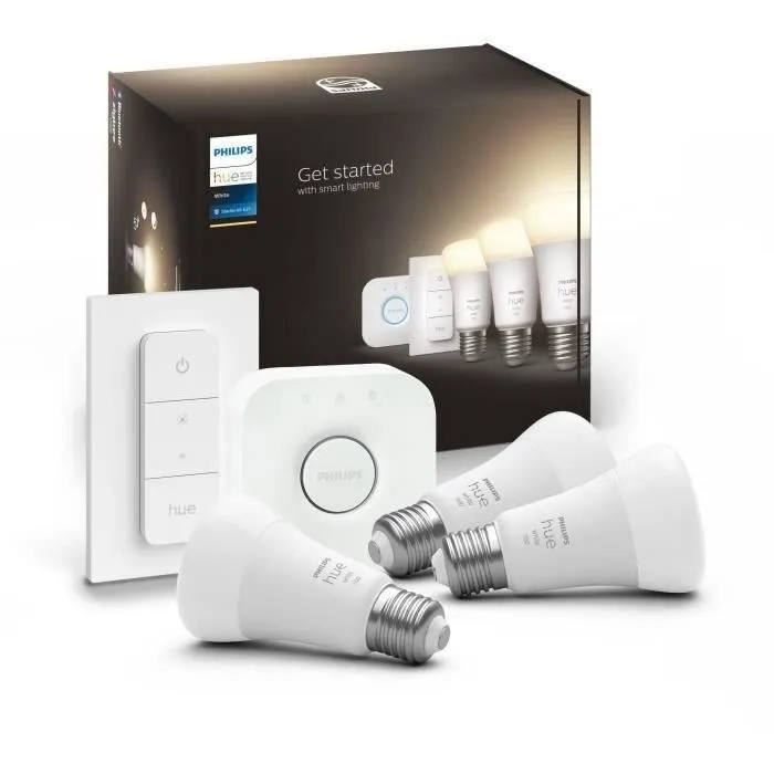 Philips Hue Kit de Démarrage Ampoules LED Intelligentes Blanc E27 x3 avec Télécommande 9.5W