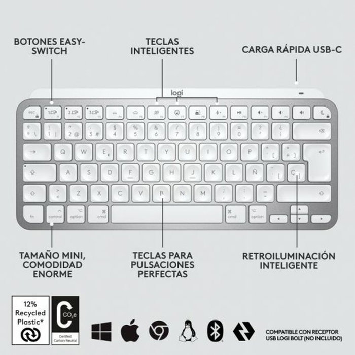 Clavier Logitech MX Keys Mini Gris Argenté Espagnol Qwerty QWERTY Clavier Logitech MX Keys Mini Gris Argenté Espagnol Qwerty QWERTY