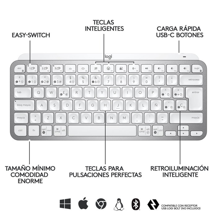 Clavier Logitech MX Keys Mini Gris Argenté Espagnol Qwerty QWERTY Clavier Logitech MX Keys Mini Gris Argenté Espagnol Qwerty QWERTY