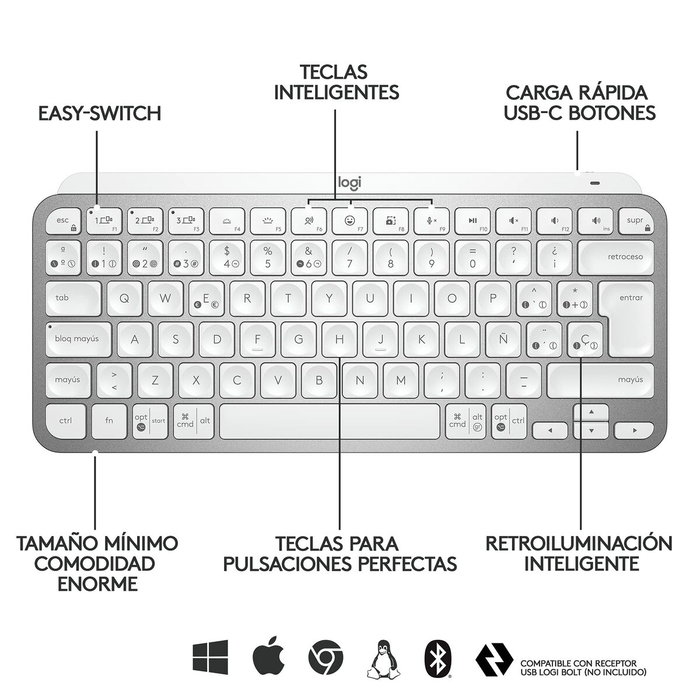 Clavier Logitech MX Keys Mini Gris Argenté Espagnol Qwerty QWERTY Clavier Logitech MX Keys Mini Gris Argenté Espagnol Qwerty QWERTY