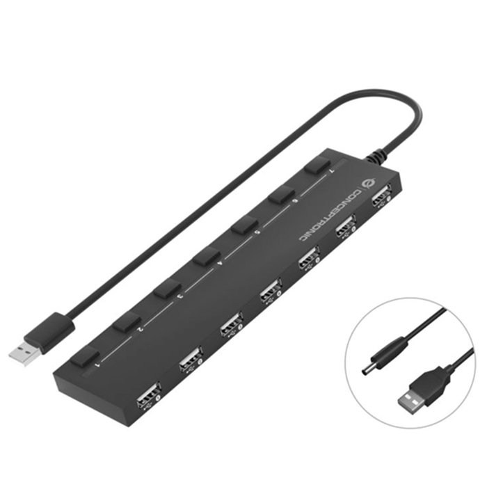 Conceptronic MARIDOS08B Hub USB 2.0 7 ports avec interrupteurs individuels et câble d'alimentation, noir Conceptronic MARIDOS08B Hub USB 2.0 7 ports avec interrupteurs individuels et câble d'alimentation, noir