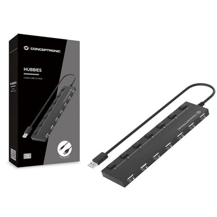 Conceptronic MARIDOS08B Hub USB 2.0 7 ports avec interrupteurs individuels et câble d'alimentation, noir Conceptronic MARIDOS08B Hub USB 2.0 7 ports avec interrupteurs individuels et câble d'alimentation, noir