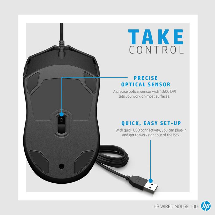 HP Souris Filaire 100 - Souris Ambidextre avec 3 Boutons et Roue de Défilement - Conception Confortable pour une Utilisation Quotidienne HP Souris Filaire 100 - Souris Ambidextre avec 3 Boutons et Roue de Défilement - Conception Confortable pour une Utilisation Quotidienne