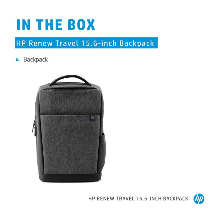 HP Renew Sac à dos de voyage 15.6 pouces (39.62 cm) durable, imperméable, pour ordinateur portable, multiples poches, bretelles ajustables, sangle pour bagage