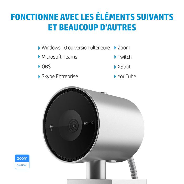 HP Webcam 4K 950 - Caméra USB avec suivi IA, micro et grand angle pour visioconférences et streaming