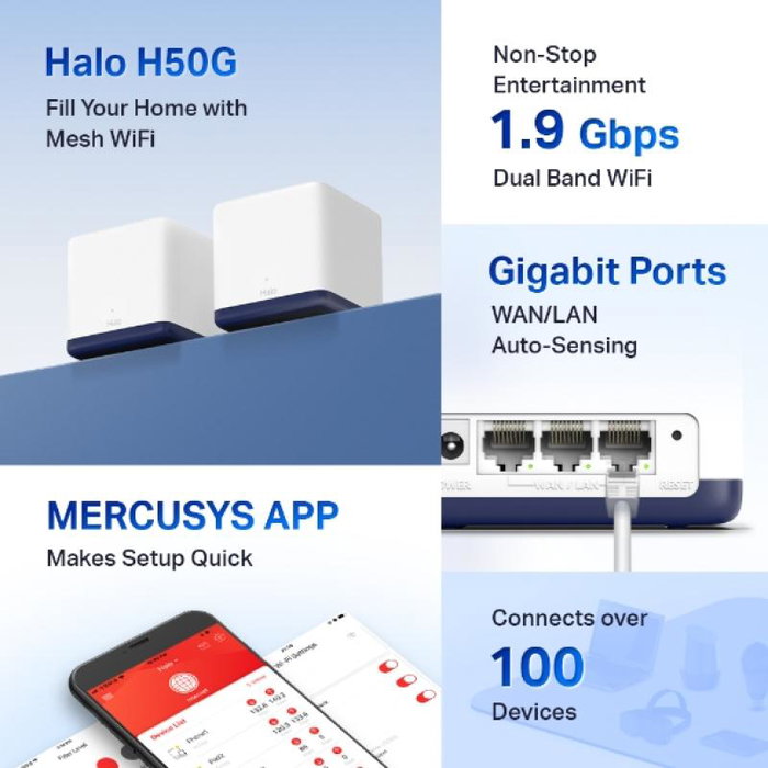 Mercusys Halo H50G - Routeur WiFi AX1500 Gigabit Mesh 2-Pack - Système Mesh Dual-Band pour Maison Connectée avec Ports Ethernet