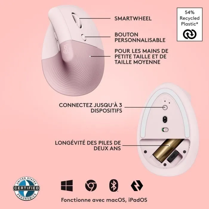 Logitech Lift - Souris ergonomique verticale sans fil, rose, pour droitier, pour petites et moyennes mains