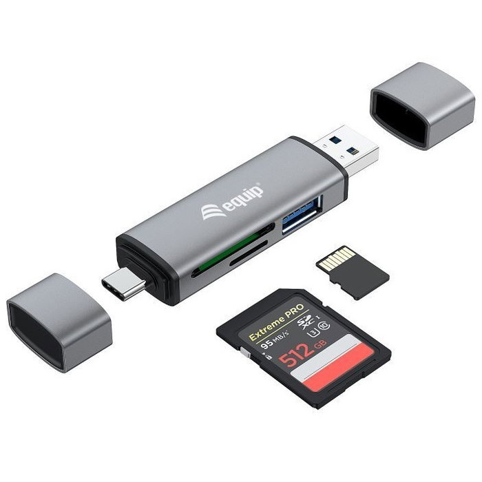 Equip Lecteur de cartes USB 3.0 Type-A et USB-C avec hub intégré, SD/MicroSD jusqu'à 2 To, aluminium Equip Lecteur de cartes USB 3.0 Type-A et USB-C avec hub intégré, SD/MicroSD jusqu'à 2 To, aluminium