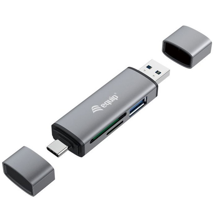 Equip Lecteur de cartes USB 3.0 Type-A et USB-C avec hub intégré, SD/MicroSD jusqu'à 2 To, aluminium Equip Lecteur de cartes USB 3.0 Type-A et USB-C avec hub intégré, SD/MicroSD jusqu'à 2 To, aluminium