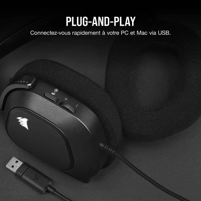 Corsair HS80 RGB USB - Casque Gaming Circum-Aural Premium avec Son Surround Dolby Audio 7.1, Éclairage RGB et Confort Optimal - Noir Carbone