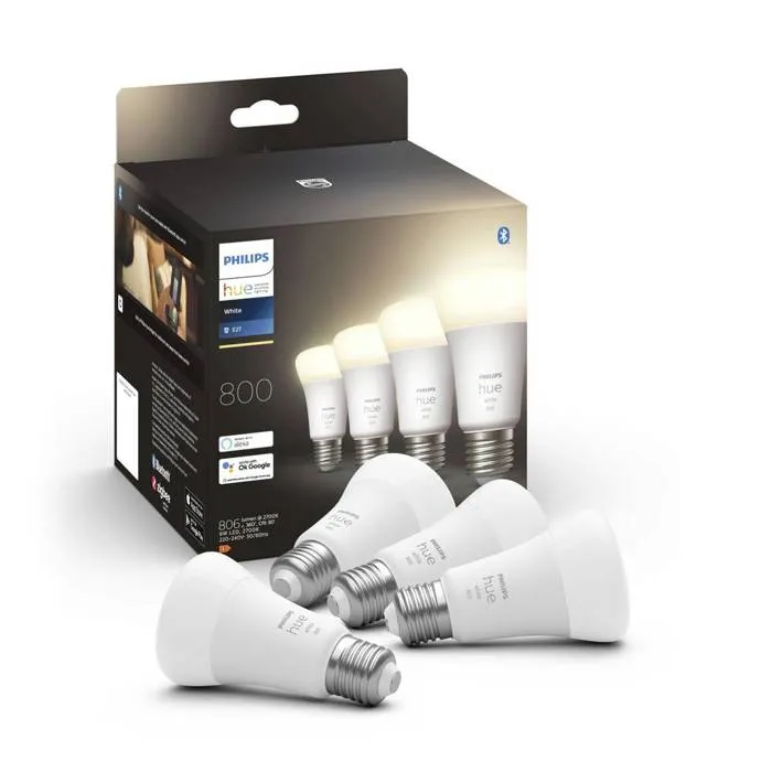Philips Hue - Pack de 4 Ampoules LED Connectées E27 White - 800 Lumen, Équivalent 60W, Compatible Bluetooth, Alexa, Google Assistant et Apple HomeKit