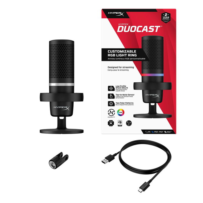 HP HyperX DuoCast 4P5E2AA Microphone USB Gaming Noir avec Anneau RGB, Enregistrement Hi-Res 24-bit/96kHz, Compatible PC, PS5, PS4, Mac