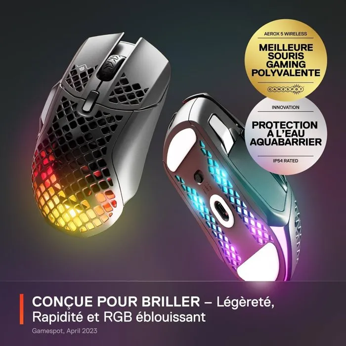 Steelseries Aerox 5 - Souris gaming sans fil, ultra-légère 74g, RGB, IP54, 180h autonomie, Noir