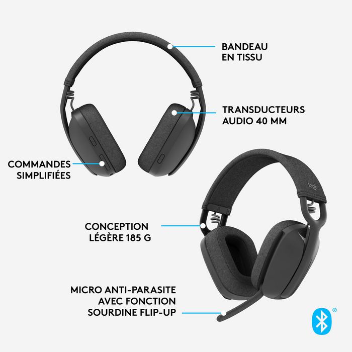 Logitech Zone Vibe 100 - Casque sans fil Bluetooth avec microphone antibruit et 18h d'autonomie - Pour télétravail, jeux et loisirs