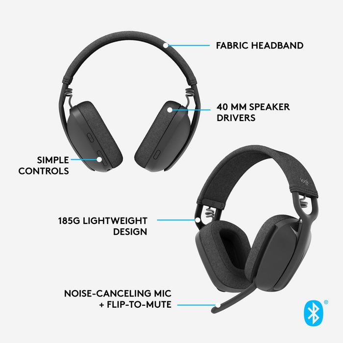 Logitech Zone Vibe 100 - Casque sans fil Bluetooth avec microphone antibruit et 18h d'autonomie - Pour télétravail, jeux et loisirs