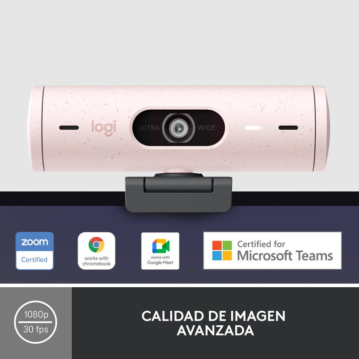 Logitech Brio 500 Webcam Full HD 1080p 4MP USB-C avec HDR, Mic Stéréo, Zoom 4x, Rose