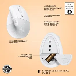 Logitech Lift - Souris ergonomique verticale sans fil pour Mac - Connectivité Bluetooth - Blanc - Droitier - Droitier