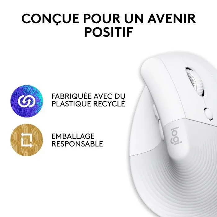 Logitech Lift - Souris ergonomique verticale sans fil pour Mac - Connectivité Bluetooth - Blanc - Droitier - Droitier